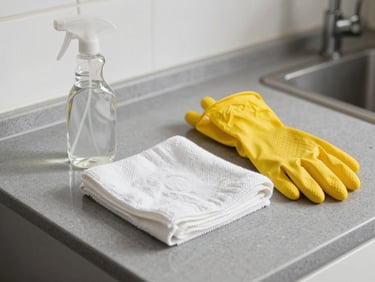Close-up of cleaning supplies arranged on a kitchen counter — spray bottle, folded microfiber cloth, and rubber gloves resting on a gray laminate surface, flat natural daylight, no styling or decor in frame