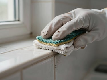 Extreme close-up of a gloved hand scrubbing a grimy bathroom tile grout line, natural window light from the left, cleaning cloth visible at the edge of frame, grime lifting off the surface