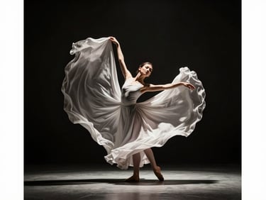 Solo dancer in mid-movement, fabric flowing, dramatic high-contrast stage lighting, dark background, elegant editorial dance photography