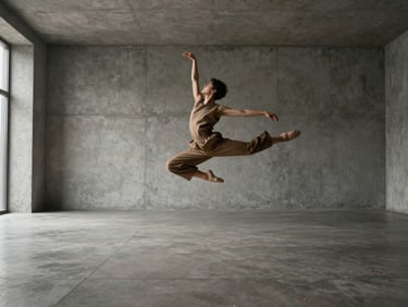 Wide environmental shot of an empty concrete gallery, dancer in a structured earth-toned editorial garment mid-air, soft natural side-lit studio light