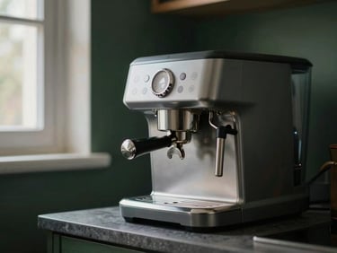 A sleek silver super-automatic coffee maker in a modern kitchen, moody lighting, selective focus, 35mm