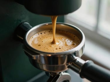 Rich espresso extraction from a bottomless portafilter, golden crema, tight macro, moody lighting, 35mm