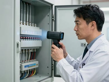 An inspector in clean gear using a thermal imaging camera to scan an electrical panel, bright natural lighting, clear details.