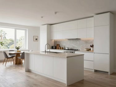 Wide interior view of a modern kitchen and open-plan dining area, white cabinetry, stone countertop, daylight from side window, clean and uncluttered