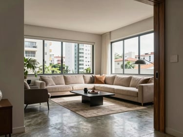 Bright living room interior photographed from the doorway, natural daylight through wide windows, polished concrete floor, modern furniture, São Paulo residential building exterior visible outside