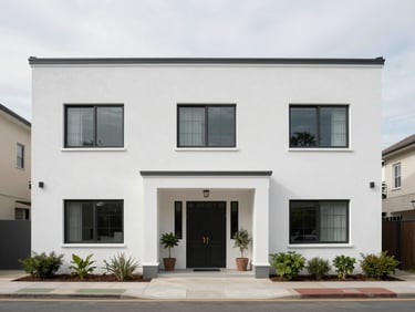 Exterior facade of a low-rise residential building in overcast daylight, clean white render, ground-floor entrance with greenery on either side, quiet street in front