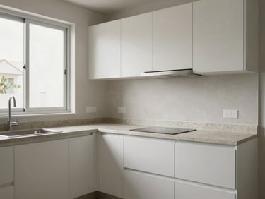 Compact modern kitchen with white cabinetry and stone countertop, natural light from a side window, clean and uncluttered, residential apartment in Brazil