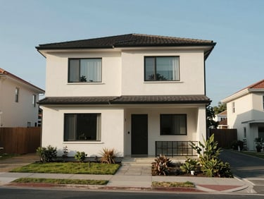 Exterior of a compact standalone house on a quiet residential street — daylight, low-angle shot showing facade and small front garden, no people