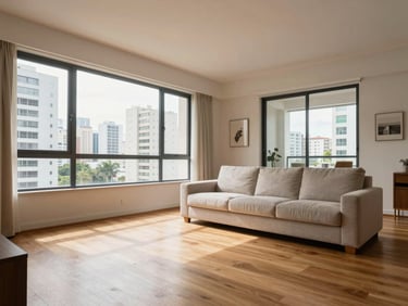 Wide interior shot of a furnished apartment living room with large windows, natural daylight, light wood flooring and a neutral sofa, São Paulo residential building visible outside