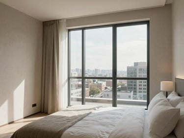 Bright bedroom of a penthouse apartment — wide framing showing proportions, natural daylight from floor-height window, neutral linen tones on walls
