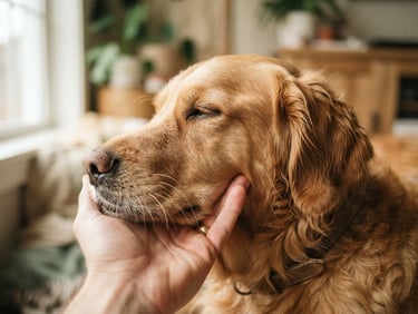 Candid close-up of a golden retriever resting its head gently on a human hand, soft daylight from a window, warm sand tones, shallow depth of field