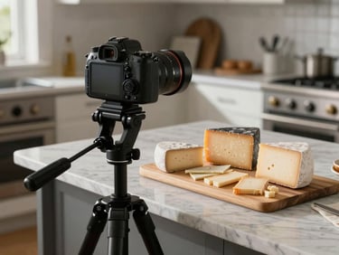 DSLR camera on a tripod positioned over a beautifully arranged cheese board on a marble counter, professional content creation setup in a sunlit kitchen.