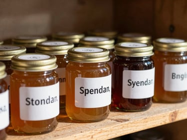 Close-up of hand-labeled artisanal honey jars on a rustic wooden shelf, warm natural morning light, soft shadows, Scandinavian aesthetic.