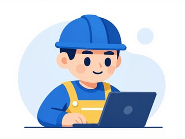 A premium flat vector mascot illustration of a focused digital builder with geometric shapes, deep royal blue and gold accents, clean tech aesthetic, 16:9 landscape aspect