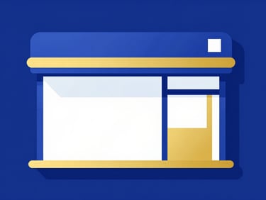 Clean vector illustration of a modern digital storefront interface, royal blue and gold accents, minimalist style