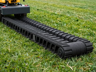 Close-up of turf-friendly rubber tracks of a cherry picker rolling smoothly over pristine green lawn without leaving indentations.