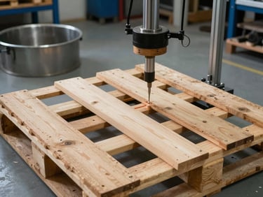 Close overhead framing of a wooden pallet under a hydraulic load-testing press, the timber joints stressed and visible, shop floor in the background with tungsten pools of light