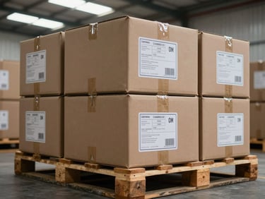 Finished corrugated boxes stacked and labeled on wooden pallets at a regional distribution dock, natural skylight from warehouse overhead, close framing on the stack seam and label detail, no people