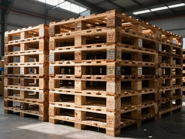 Wide shot of finished export pallets stacked in a warehouse bay, ISPM-15 heat-treatment stamps clearly visible on the stringer boards, factory skylights casting natural light across the stack, no people