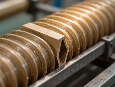 Extreme close-up of corrugated flute cross-section under factory overhead light, the ridged kraft layers sharp and geometric, a steel measuring jig resting against the edge, tungsten warm tone