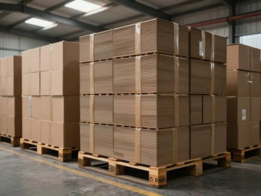 Wide factory shot of finished corrugated boxes stacked on labelled wooden pallets, ready for dispatch, overhead skylights casting neutral daylight across the orderly rows, no staged workers