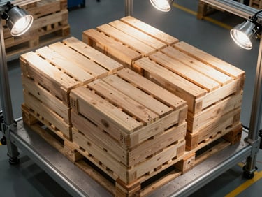 Overhead study of a wooden pallet loaded with stacked crates inside a testing rig, tungsten shop lights casting sharp shadows across the grain and joint hardware, factory floor visible at edges