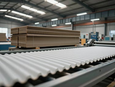 Wide factory floor shot, corrugated sheets rolling off production line under overhead skylights, stacks of finished fluted board in the mid-ground, tungsten industrial lighting, no workers posed