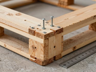 Close-up of a pallet corner joint with visible nail-plate fasteners and interlocking timber, a ruler and numbered test marker placed beside the joint on a concrete surface, tungsten overhead lighting