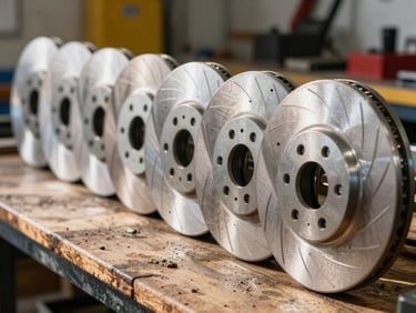 A row of pristine metallic brake discs lined up on a rustic wooden workbench, direct sunlight casting sharp shadows, gritty workshop texture.