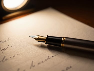 Extreme close-up of a vintage fountain pen resting on heavy, cream-colored cotton paper with hand-written ink notes, soft golden desk lamp light, dark shadows, shallow depth of field.