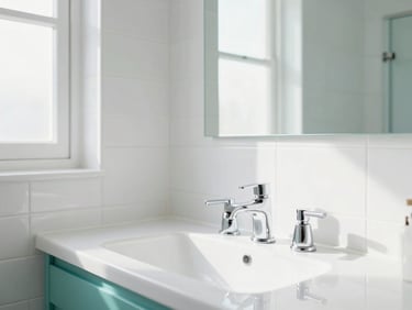 Sunlit modern bathroom with sparkling clean white tiles and teal accents, chrome fixtures reflecting bright daylight, airy atmosphere, 35mm