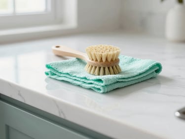 Macro shot of a clean marble kitchen counter reflecting natural window light, a natural fiber brush and a soft microfiber cloth neatly placed, bright airy, 35mm