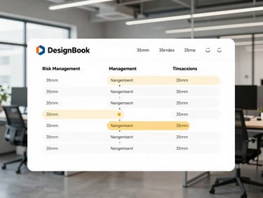 Crisp screenshot of DesignBook's risk management module, displaying a color-coded workflow with amber highlights for critical steps, modern industrial office background, bright neutral daylight, sharp focus, 35mm