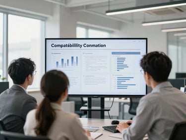 Engineers reviewing a compatibility report on a large screen in a bright industrial office, focused on the screen, cool neutral tones