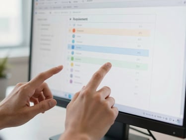 Close-up of hands interacting with a clean user interface on a monitor, displaying requirements with color-coded status, sharp focus, 35mm