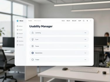 Clean user interface screenshot of a future Usability Manager module, showing user flow analysis, high-fidelity, bright neutral daylight