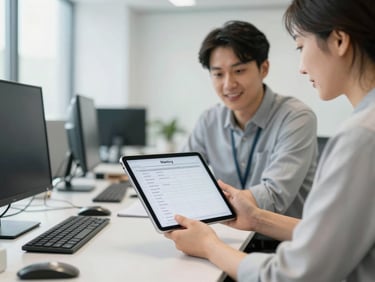 Engineer collaborating on a tablet in a modern office, showing a meeting agenda on screen, bright neutral daylight, cool tones