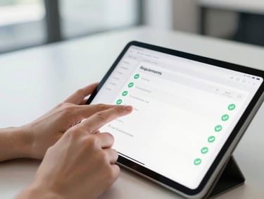 Close-up of hands interacting with a clean user interface on a tablet, showing a requirements list with green checkmarks, bright neutral daylight, sharp focus, 35mm
