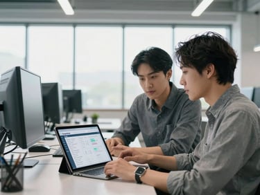 Engineer collaborating on a tablet in a bright, modern industrial office, looking at a task overview screen in DesignBook, cool professional tones, sharp focus, 35mm