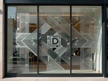 Clean storefront glass decorated with precise geometric frosted vinyl patterns, letting natural light through while displaying branding.