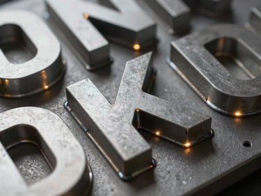 Macro shot of fabricated metal 3D letters with integrated LED backlighting, showing clean welds and industrial finish.