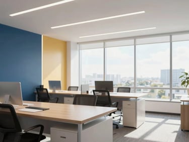 Bright modern office interior in South Florida, clean lines, minimalist decor, soft daylight streaming through large windows, professional atmosphere