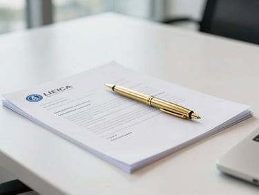 Bright editorial photo of a clean modern desk in South Florida, a gold pen resting on official corporate documents, soft natural daylight, shallow depth of field