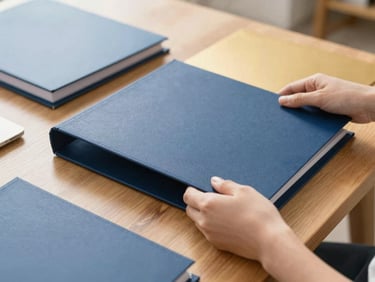 Close-up of hands organizing high-end stationery and corporate folders on a wooden desk, bright natural daylight, clean architectural angles