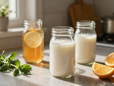Bubbling glass jars of homemade kombucha and milk kefir on a sunlit kitchen counter, fresh herbs and citrus slices nearby, warm organic tones