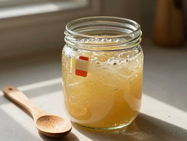 A glass jar containing active, bubbling sourdough starter with a rubber band marker, wooden spoon resting beside it, warm kitchen sunlight