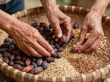 Hands of different generations sorting raw cacao beans and organic seeds on a rustic woven basket, soft natural light, close-up texture