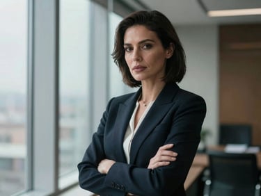 Dramatic portrait of a confident female executive in a modern office, soft window light, elegant editorial photography, high-contrast, shallow depth of field, 35mm film texture
