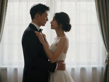 Candid moment of a couple dancing at a destination wedding, elegant editorial photography, soft natural light, muted sophisticated tones, high-contrast, shallow depth of field, 35mm film texture