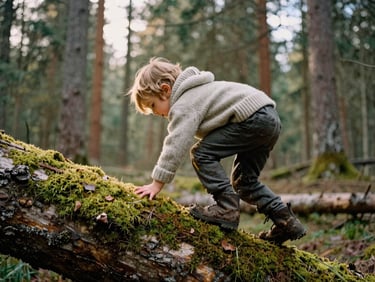A child wearing a durable wool sweater and muddy boots climbing a mossy log in a dense European forest, soft overcast daylight